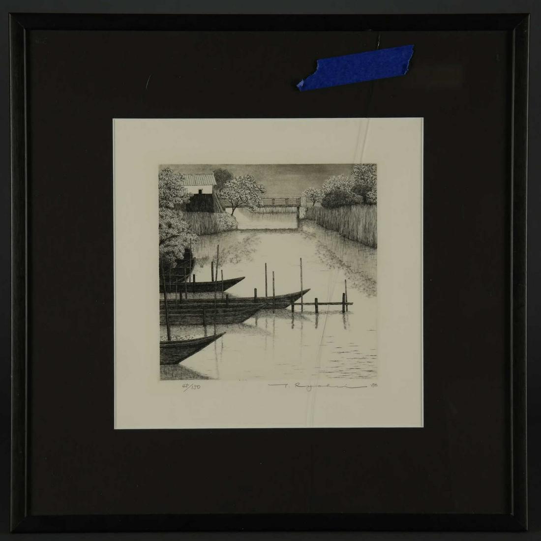 Ryohei Tanaka. 3 etchings. Boats. 1980s.: Tanaka, Ryohei (Japanese, b. 1933). Three etchings of boats. 1980s. Each is from an edition of 150. Signed and dated in pencil l.r., editioned l.l. Largest framed: 17" x 17"._x000D_ Condition Sight co