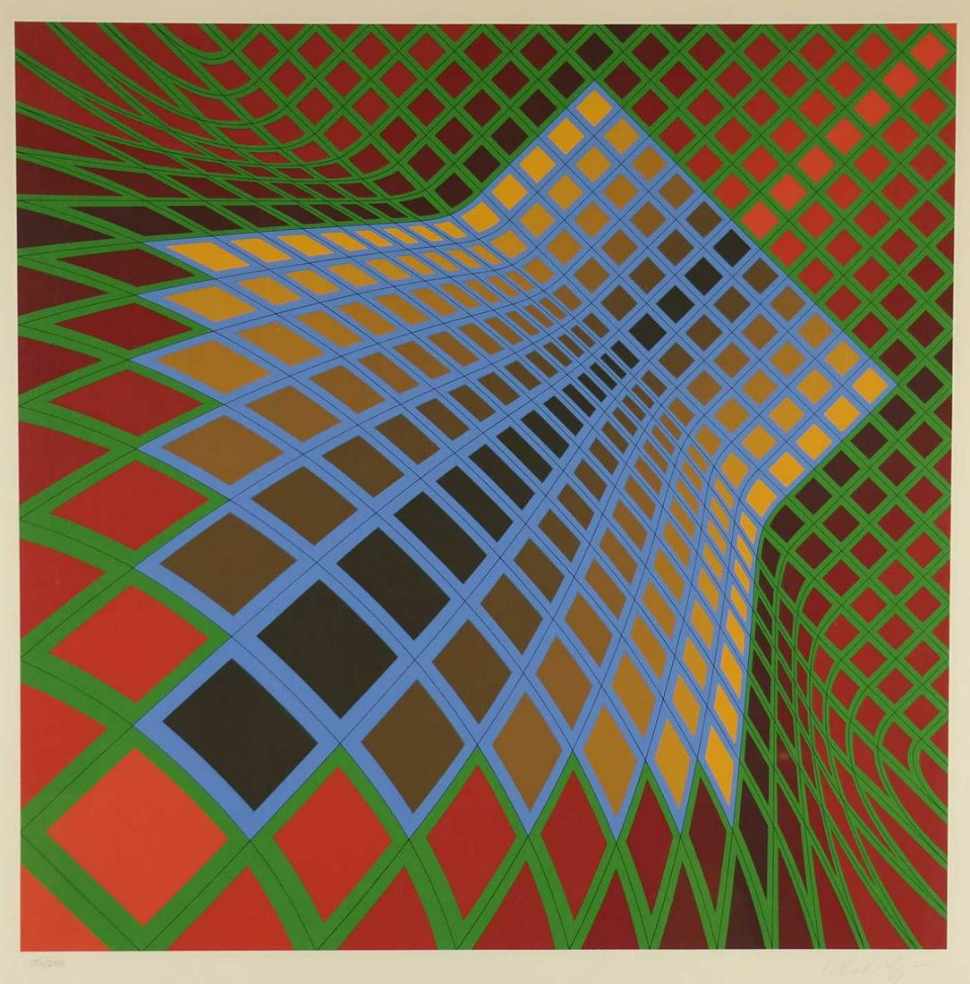 Vasarely. Serigraph. Untitled. c. 1975.: Vasarely, Victor (Hungarian-French, 1906-1997). c.1975. Serigraph in colors. Edition 110 of 250. Signed in pencil l.l., editioned l.r. Image: 25 1/2" x 25 1/2". Framed: 32 1/4" x 33"._x000D_ Condition