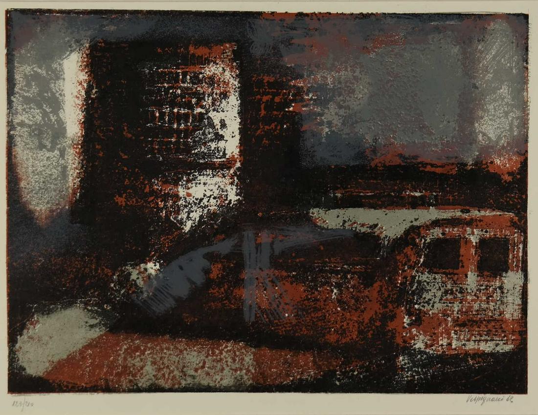 Renzo Vespignani. Lithograph. The Train. 1962.: Vespignani, Renzo (Italian, 1924-2001). "The Train." 1962. Lithograph in colors. Edition 123 of 210. Signed and dated in pencil l.r. editioned l.l. Sheet: 17 1/4" x 21 3/4"._x000D_ Condition Near fine
