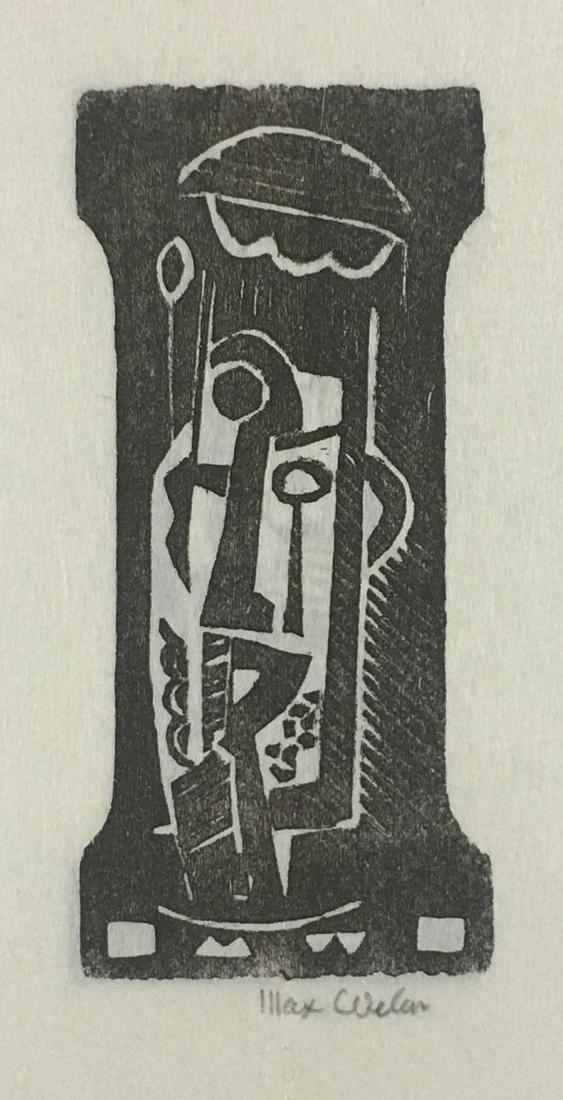 Max Weber. 2 Woodcuts. Woman seated.... c. 1919.: Weber, Max (American, 1881-1961). 2 woodcuts on Japan paper. c. 1919. Both signed in pencil l.r. (1) "Figure." (2) Woman Seated at a Table. Sheet: 10" x 6 1/2"._x000D_ Condition Very good. Upper right