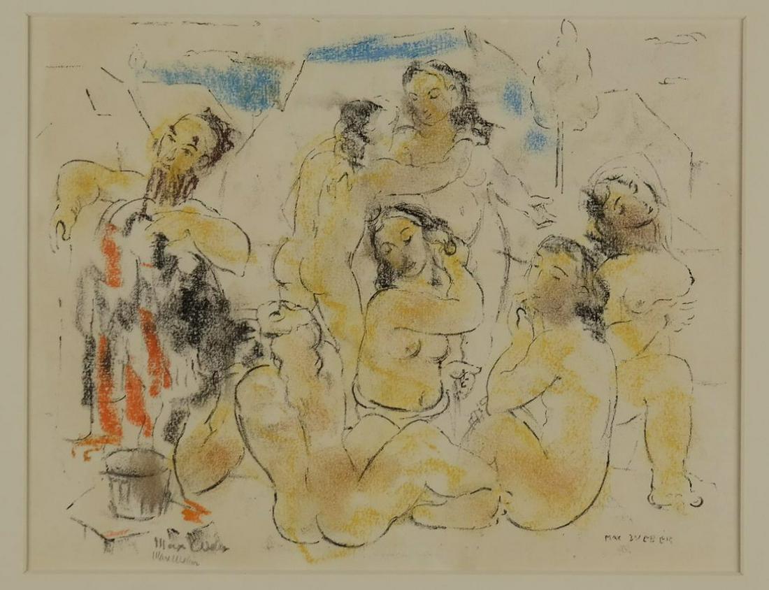 Max Weber. Lithograph. The Bathers. c. 1931. Sgd.: Weber, Max (American, 1881-1961). "The Bathers." c.1931. Lithograph in colors. Signed in pencil l.l. Signed in plate l.l. and l.r. Visible image: 7 1/4" x 9 1/2. Framed: 13 1/2" x 15 1/2"._x000D_ Cond
