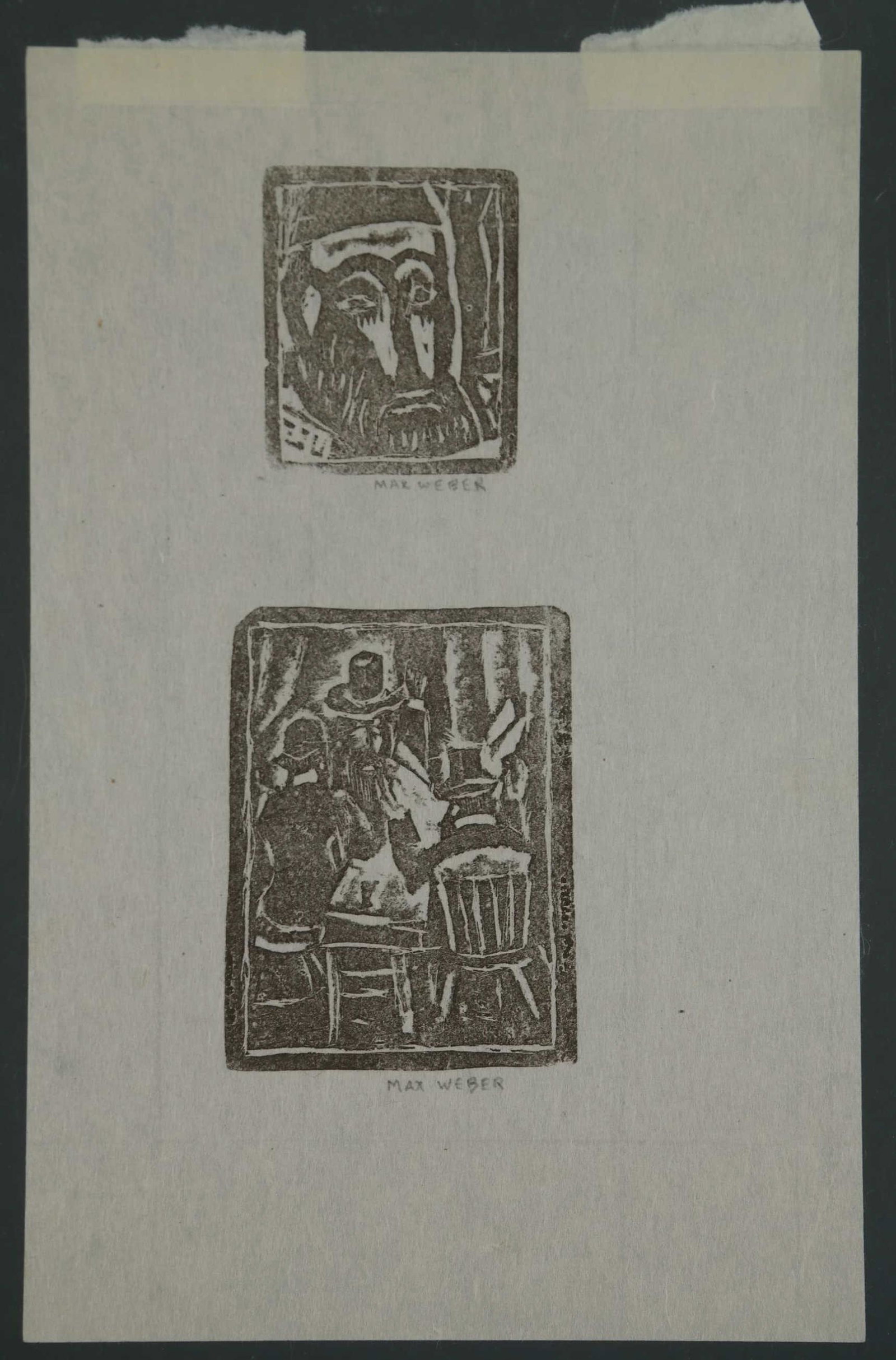 Max Weber. 3 woodcuts. c. 1919.: Weber, Max (American, 1881-1961). Three woodcuts on two sheets. (1-2) 2 male heads (identical). Sheet: 10" x 6 1/2". (3) Group of men. c. 1919. Sheet: 7" x 5 1/2". Printed on Japan paper. Each signed