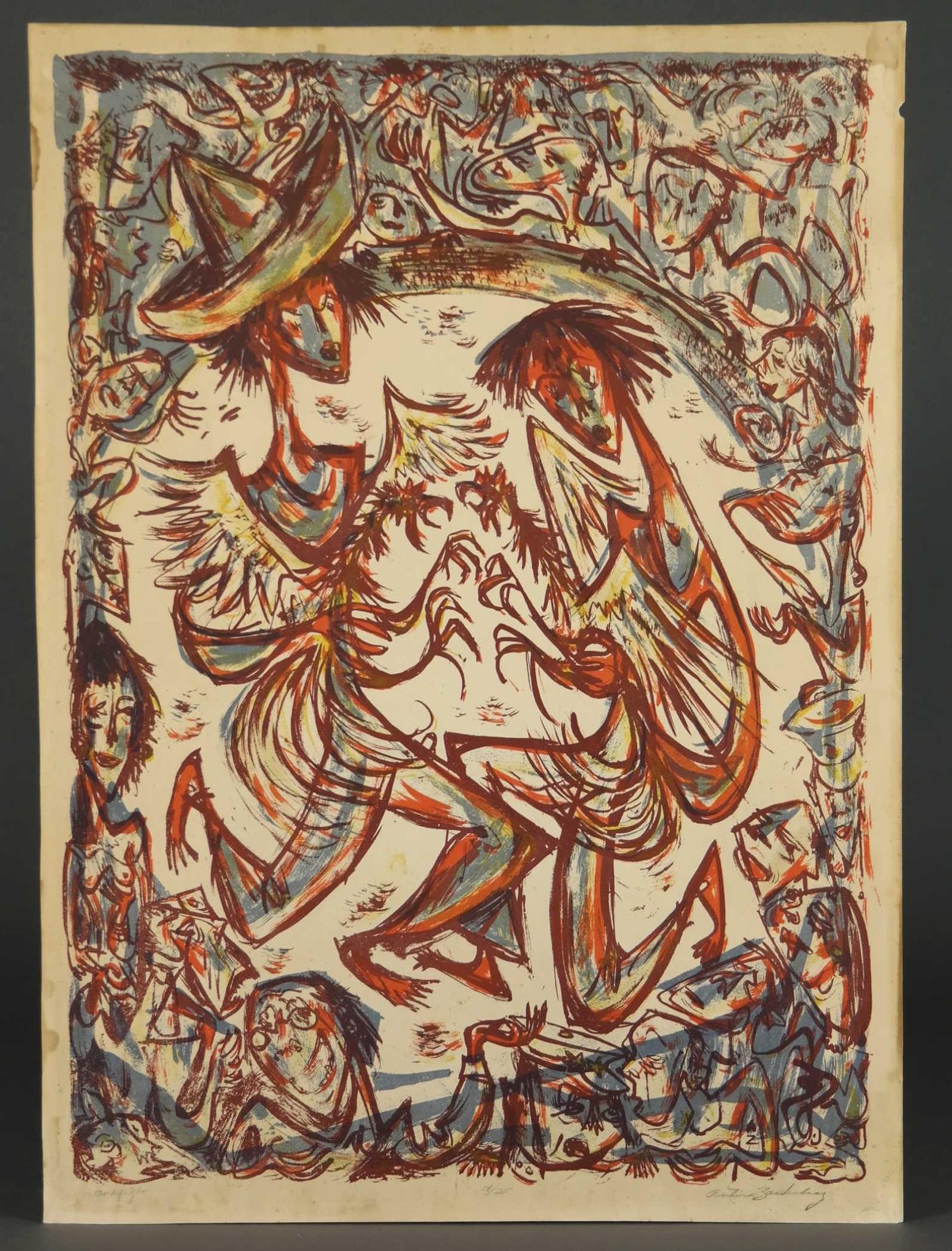 Arthur Zaidenberg. Lithograph. Cockfight. c.1950.: Zaidenberg, Arthur (American, 1908-1990). "Cockfight." c.1950. Lithograph in colors. Edition 14 of 25. Signed l.r., titled l.l., editioned l.c. Sheet: 18 7/8" x 26"._x000D_ Condition Very good. Toned.