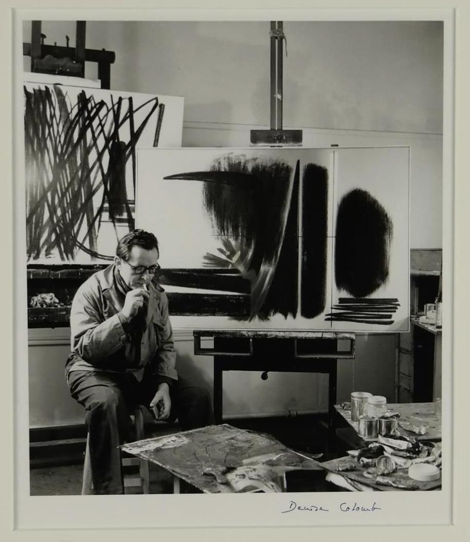 Denise Colomb. Hans Hartung. 1954. Signed.: Colomb, Denise (French, 1902-2004). "Hans Hartung." 1954. Silver gelatin print. Signed in pen l.r. Framed: 17" x 15"._x000D_ Condition Under glass, not examined out of frame. Sight condition: near fin
