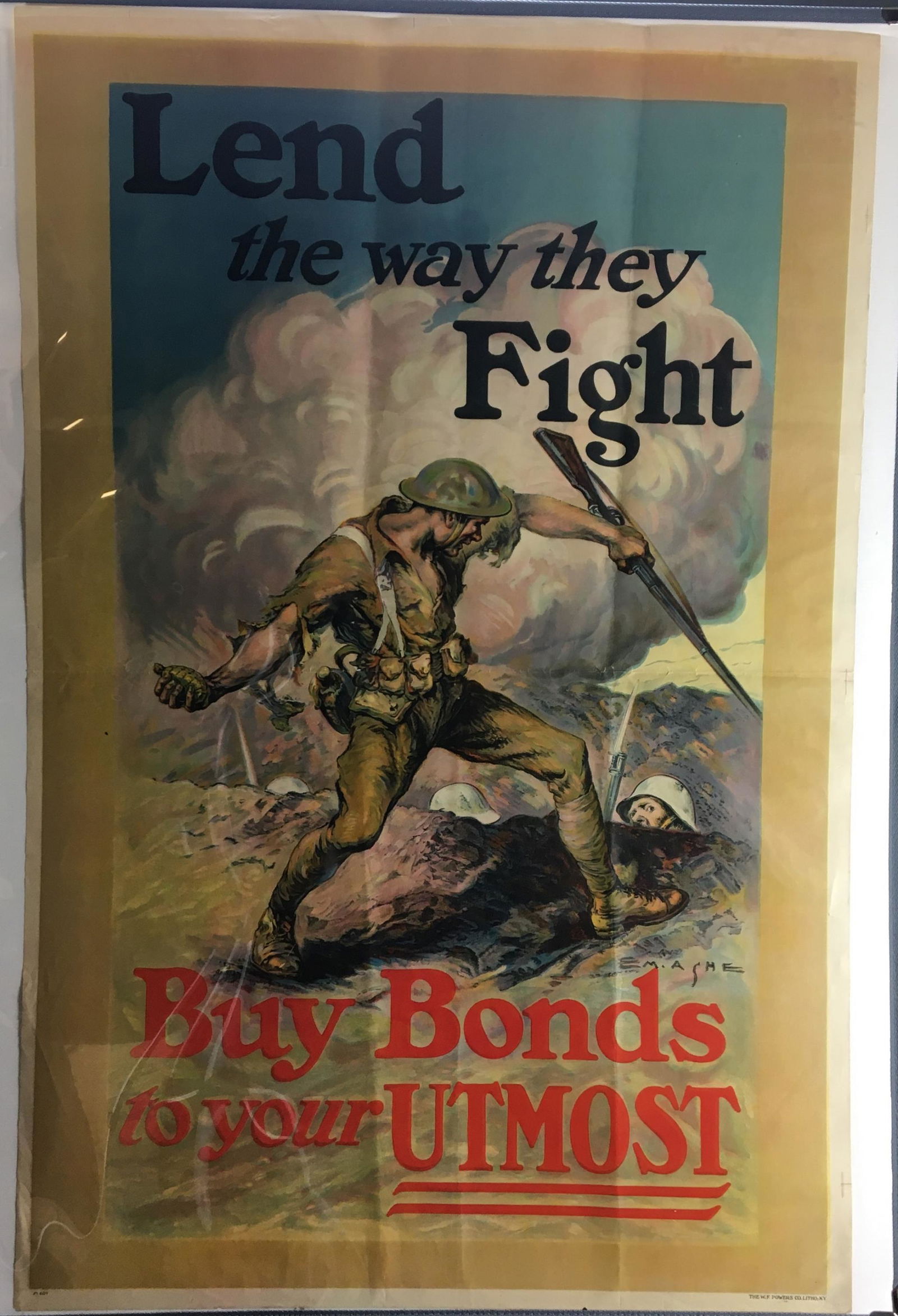 Lend the Way They Fight. WWI Poster.: Ashe, Edmund Marion (American, 1876-1941). "Lend the Way they Fight. Buy Bonds to your Utmost". 1918. Lithograph poster in colors. Printed by The W.F. Powers Lithograph Co., New York. Sheet: 41" x 27"