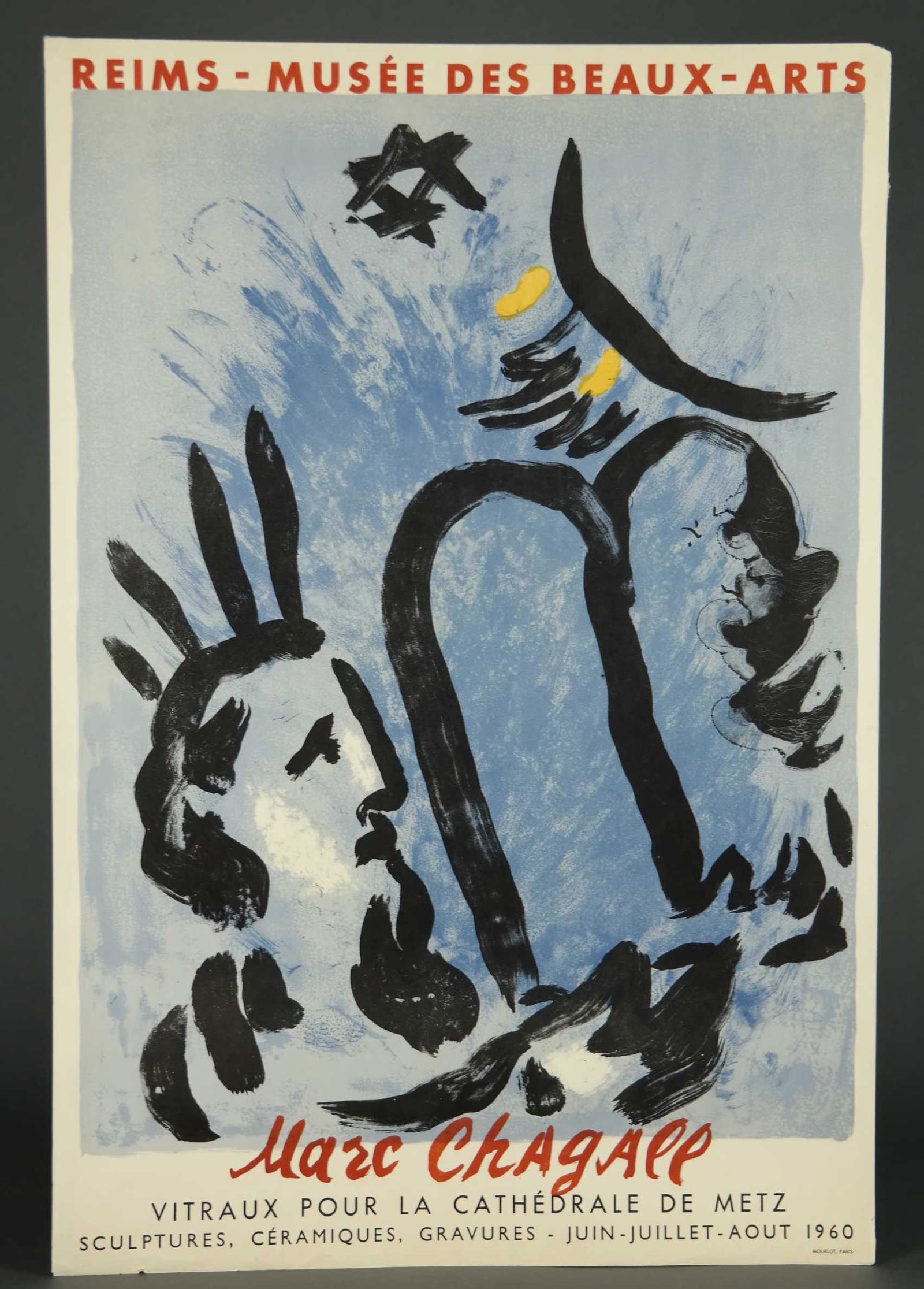 Marc Chagall. 2 Exhibition Posters. c.1960.: Chagall, Marc (Russian/French, 887-1985). Two lithograph exhibition posters. (1) "Moise. Reims - Musee Des Beaux-Arts, Vitraux Pour La Cathedrale De Metz, Sculptures, Ceramiques, Gravures." 1960. Lith
