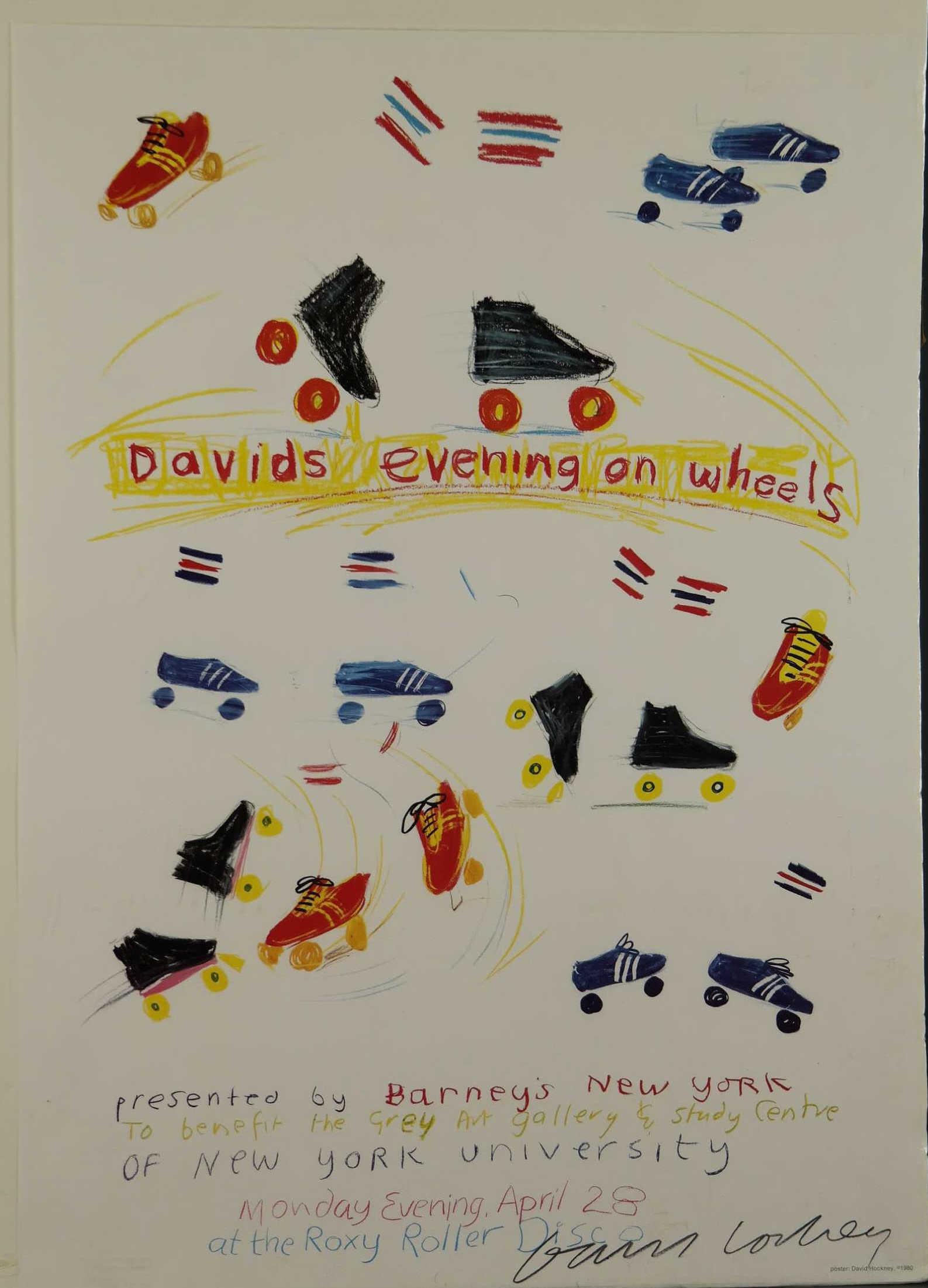Hockney. Davids Evening on Wheels. Signed. 1980.: Hockney, David (British, b. 1937). "Davids Evening on Wheels". 1980. Approximately 100 copies. Offset lithograph poster. Signed by Hockney in black crayon l.r. Sheet: 29" x 21"._x000D_ Condition Sight