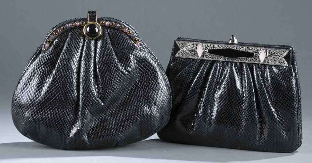 2 Judith Leiber, Karung handbags.: A group of two Judith Leiber black Karung snakeskin handbags. Marked on interior. ++ Karung snakeskin Art Deco style handbag. Silver tone hardware. Includes dust bag, box, silver tone chain shoulder s