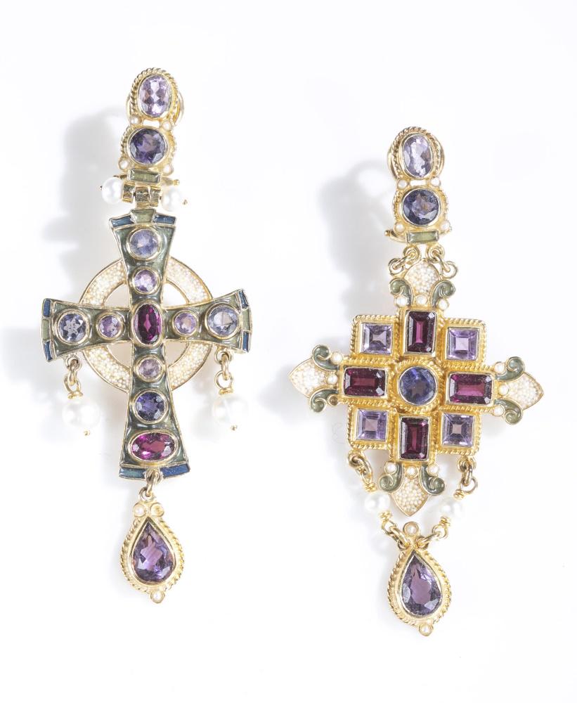 Percossi Papi, cross earrings.: A pair of Percossi Papi cross shaped drop earrings with amethyst, rhodolite, and other semi precious stones. Gold plated silver 925. French Clip backs. Stamped on back. Comes with box. 3". Approx, 22g
