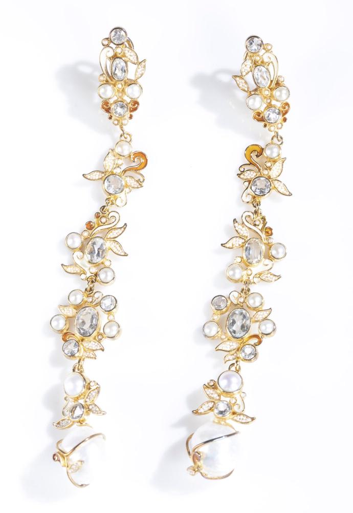 Percossi Papi, pearl drop earrings.: A pair of Percossi Papi drop earrings with white topaz and pearls. Gold plated 925. French clip backs. Stamped on back. Comes with box. 5". Approx, 36g.