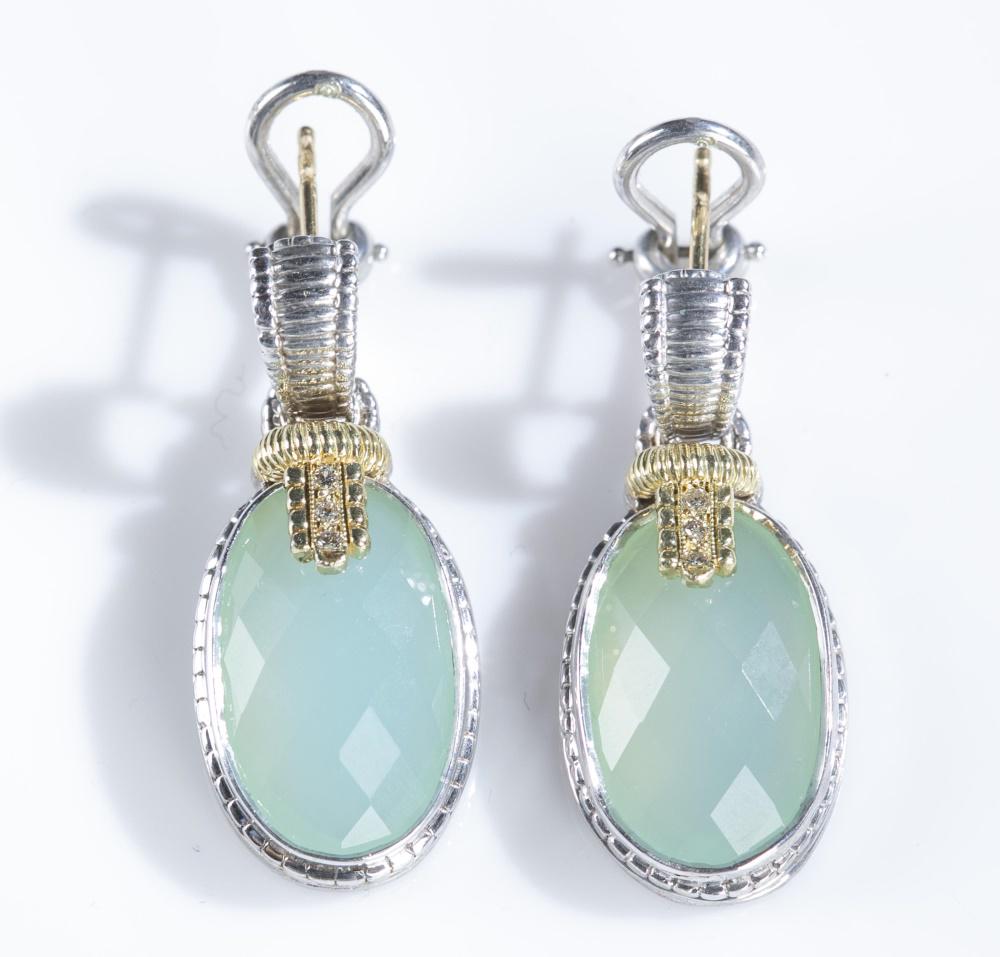 Judith Ripka, sterling & green quartz earrings.: A pair of Judith Ripka sterling silver drop earrings from the "JR TWO" collection. With 18k yellow gold and pave cubic zirconia accents and oval green quartz stones. French clip backs. Stamped on back