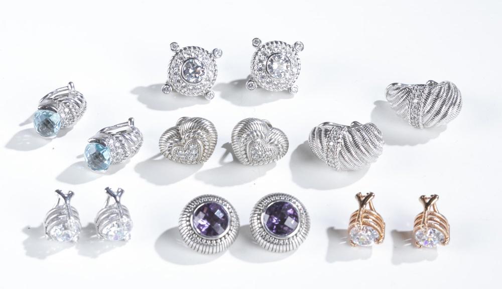 7 Judith Ripka, earrings.: Seven pairs of Judith Ripka sterling silver clip-on earrings. Stamped on back. ++ Amethyst stone and cubic zirconia button earrings. 5/8". Approx, 13g. ++ Earrings with a central cubic zirconia surrou