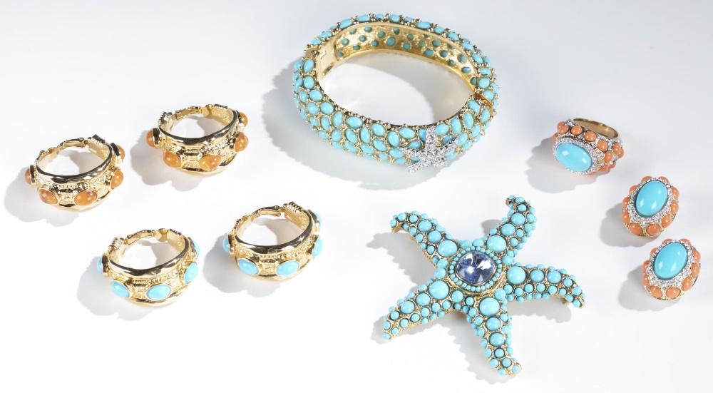 6 Kenneth Jay Lane, pieces of jewelry.: A group of six Kenneth Jay Lane pieces of jewelry. ++ Spring clasp bangle bracelet with turquoise cabochons and pave starfish of cubic zirconia. Stamped inside. 3/4" x 3". ++ Starfish brooch with turq