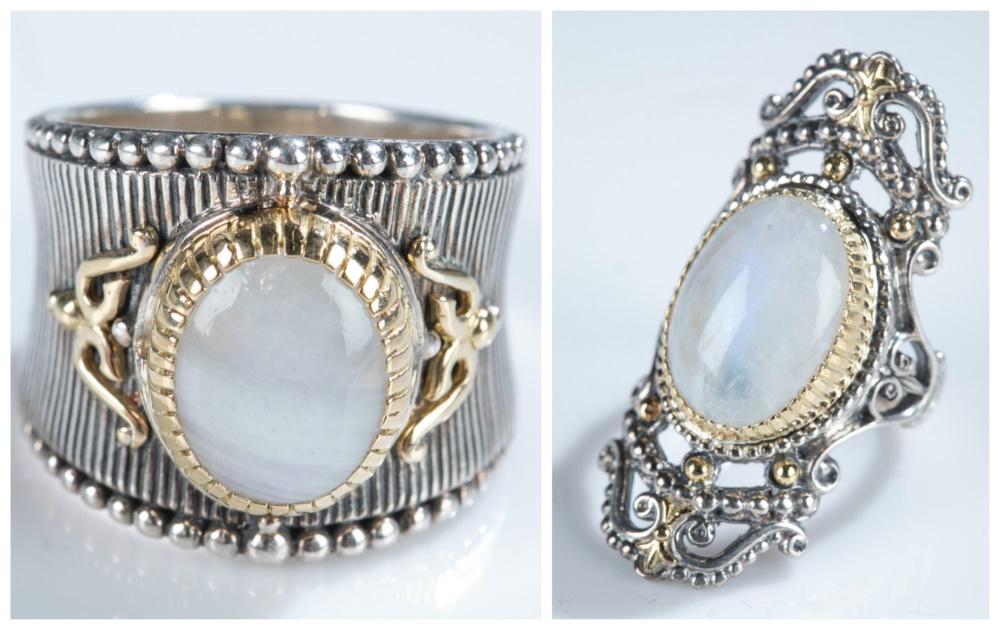 2 Konstantino, sterling & 18k gold rings.: A group of two Konstantino sterling silver rings with 18k yellow gold accents and labradorite. Stamped inside band. ++ Band. Size 9. Approx, 14g. ++ Filigree design. Size 8 1/2. Approx, 15g.