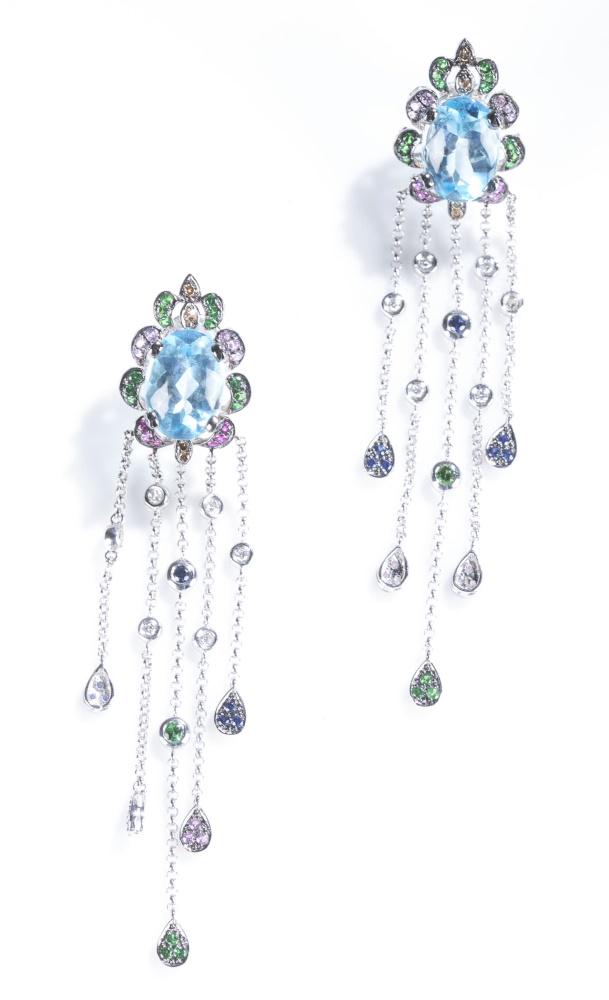 Cabochon multi-gemstone, 18k tassel earrings.: A pair of cabochon multi-gemstone 18k/750 tassel earrings. Omega clip. Marked on bottom of clasp. 3 1/2". Approx. 20 g.