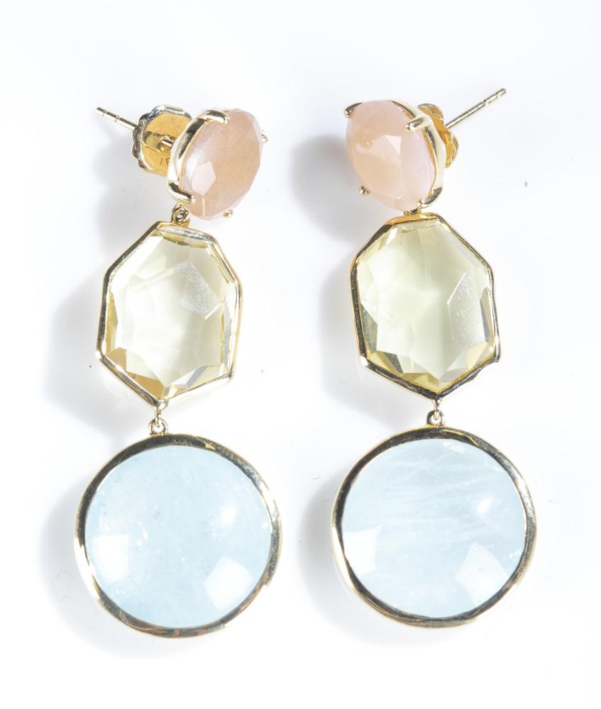 Ippolita, 18k "Modern Rock Candy Gelato" earrings.: A pair of Ippolita 18k gold "Modern Rock Candy Gelato" earrings. Three stones. Marked on back. 2". Approx. 17.4 g.