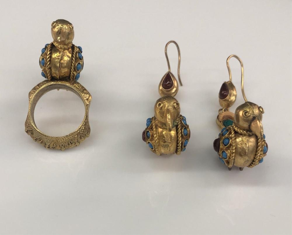 Afghan style bird ring & earrings.: An Afghan style bird ring and earrings. Gold tone setting with turquoise and malachite inlay. Beads inside bird rattle. Ring size 9 1/2. Ring: 2" x 2". Earrings:2 3/4". Approx. 29.5 g.