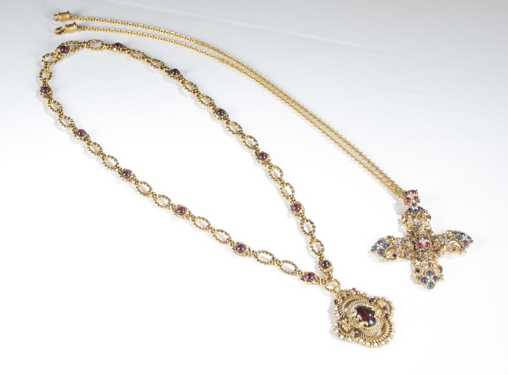 2 Barrera, pendant necklaces.: A group of two Jose and Maria Barrera gold tone chain necklaces with hook and eye clasps. Stamped on back. ++ Cross pendant with pearls, crystals, and multi-colored stones. Chain: 35". Pendant: 4". ++
