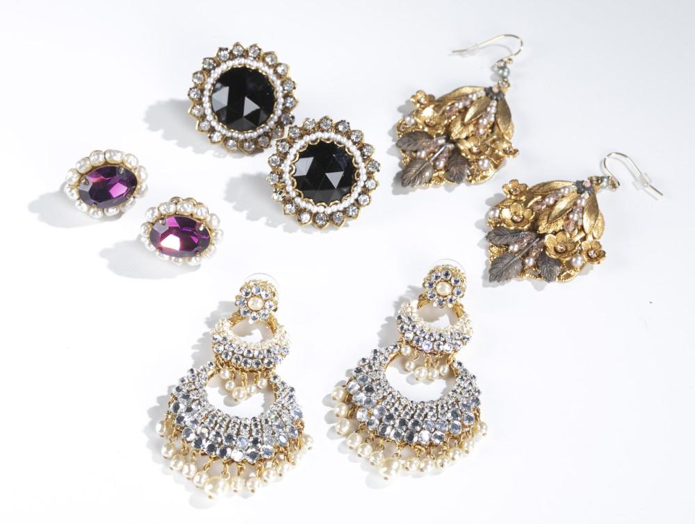 4 Pairs of Miriam Haskell, earrings.: Four pairs of Miriam Haskell gold tone earrings. Stamped on backs. ++ Clip-on button earrings with oval amethyst stones and faux pearls. 1". ++ Clip-on earrings with round black stones with pearls and