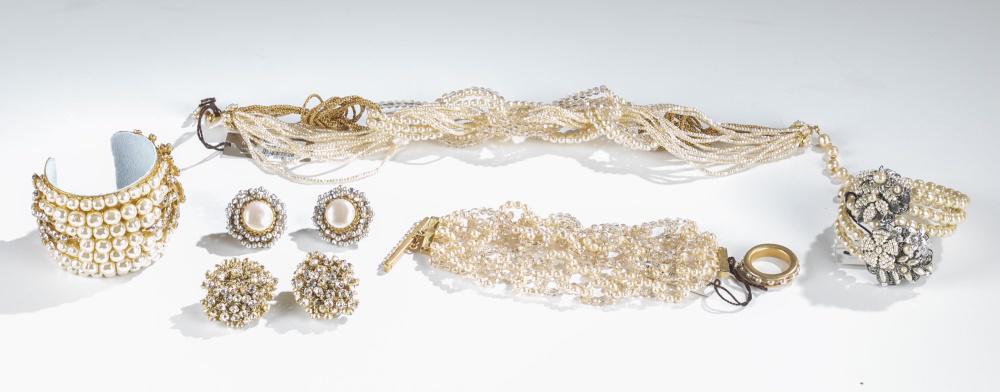 6 Pieces of Miriam Haskell, jewelry.: A group of six pieces of Miriam Haskell jewelry. Stamped. ++ Gold tone cuff bracelet with faux pearls. 3". ++ Open end pearl bracelet with silver flowers. 2 3/4". ++ Wrap bracelet with link chains of