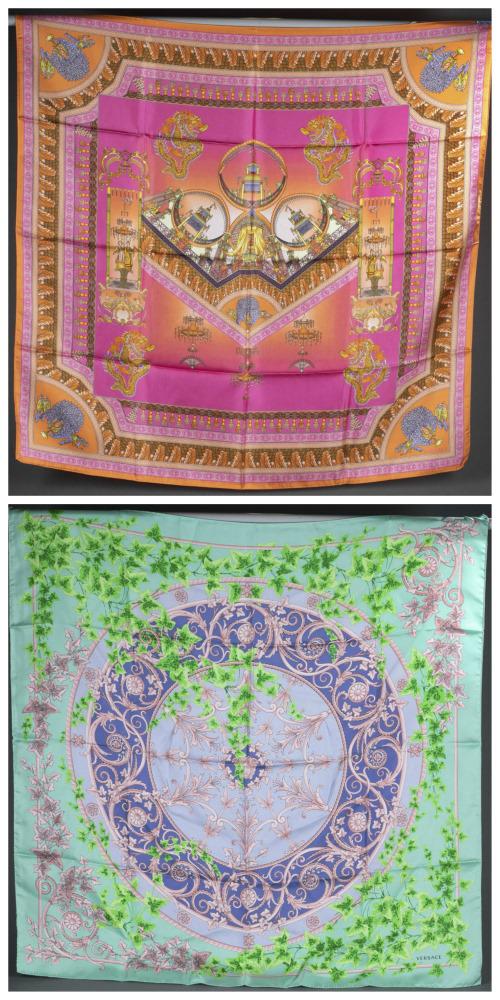 2 Versace, print silk scarves.: A pair of two Versace print silk scarves. Marked in l.r. and on tag. 33 1/2" x 34". ++ Green ivy print with purple scrolling acanthus. ++ Pink and orange pagoda print.