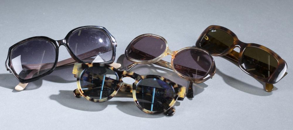 4 Pairs of Designer sunglasses.: Four pairs of designer sunglasses and two designer sunglass cases. ++ Andrea Jovine ombre lens tortoiseshell pattern sunglasses. ++ Diane Von Furstenberg "Bali-Hai" sunglasses. ++ Ray Ban brown tortoi