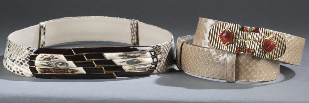Judith Leiber & Finesse La Model, belts.: A group of two Judith Leiber and Finesse La Model snakeskin belts. Gold tone hardware. Includes boxes.++ Judith Leiber tan snakeskin belt. Marked on interior. Overall 37". ++ Finesse La Model taupe py