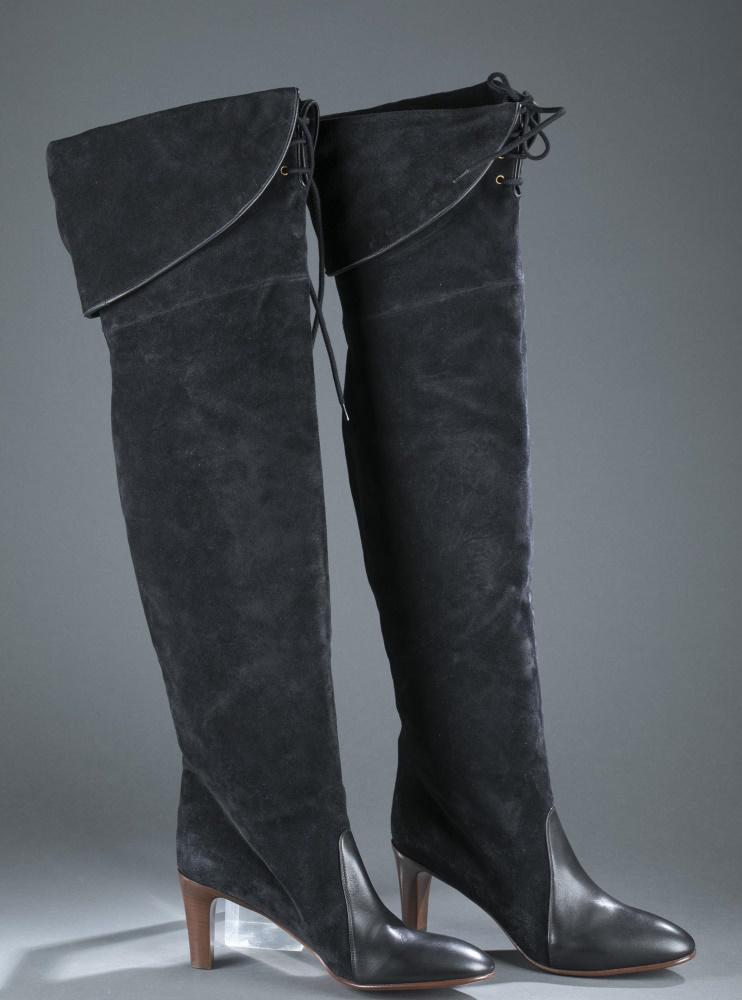Chloe, Over the knee suede boots.: Chloe almond toe black suede over the knee boots with stacked heel and front laces on the folded cuff. Black leather toe and vamp. Size 10. Comes with box.