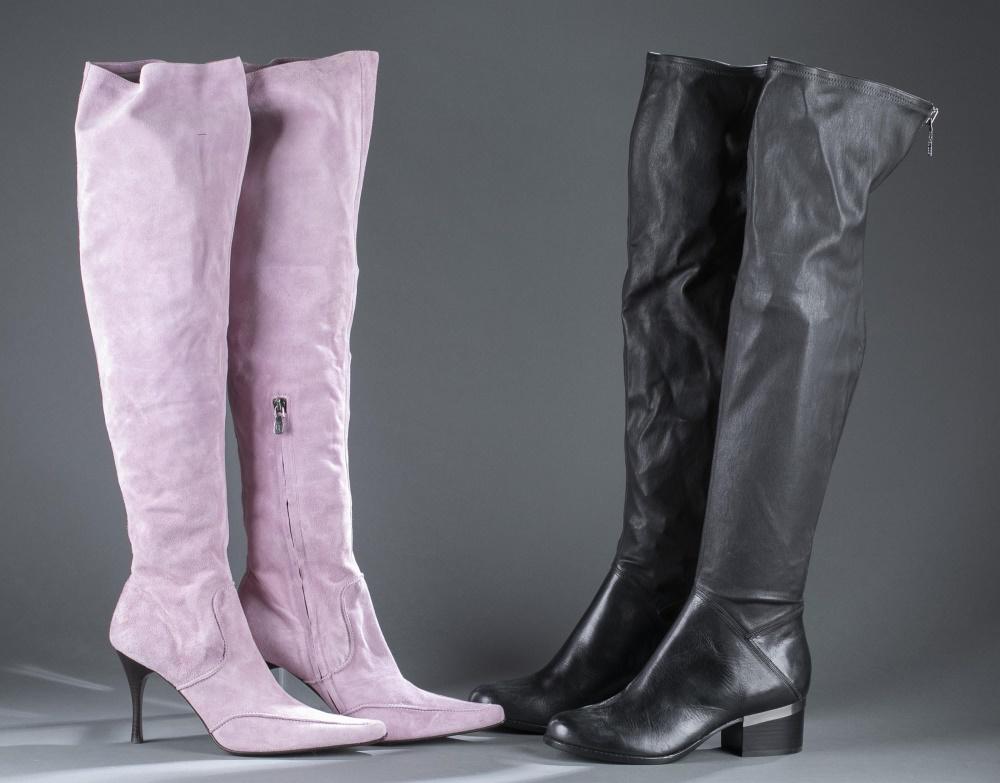 2 Pairs of Designer over the knee boots.: Two pairs of designer over the knee boots. Size 9 1/2. Comes with box. ++ Donald J. Pliner pointed toe light purple suede stiletto boots with side zipper. ++ Rachel Zoe round toe black leather boots w