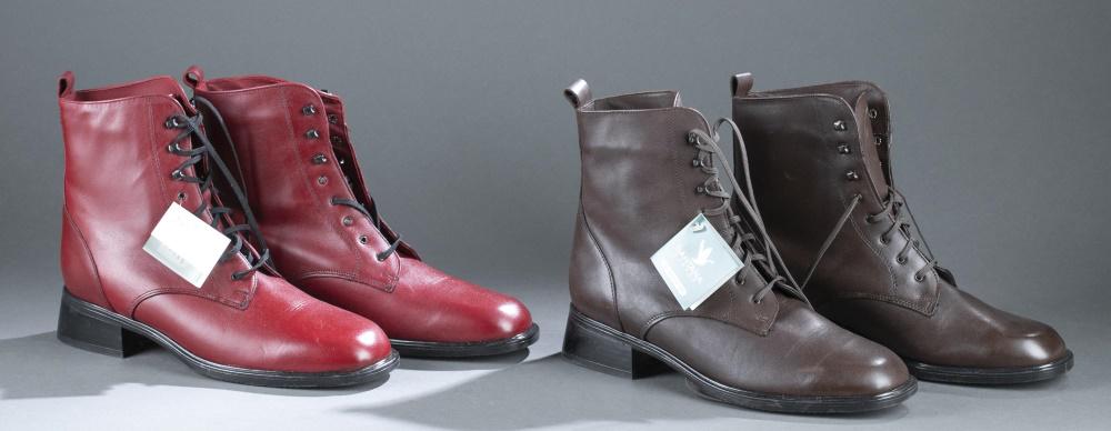 2 Pairs of Santana leather boots.: Two pairs of Santana round toe lace-up leather boots with low block heel. One dark brown, one red. Size 10.