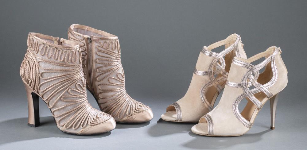 2 Pairs of Alberta Ferretti and Menbur heels.: Two pairs of designer heels. Size 10. Comes with box.++ Alberta Ferretti round toe nude satin and mesh ankle boots with rope embroidery and side zipper. Block heel. ++Menbur peep toe nude suede stilet