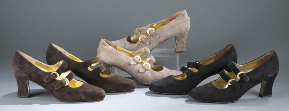 3 Pairs of Valentina Rangoni suede heels.: Three pairs of Valentina Rangoni for Saks Fifth Avenue suede mary janes with block heels and two buckled straps. Including black, brown, and beige. Size 9 1/2. Condition: Worn soles on black and beige