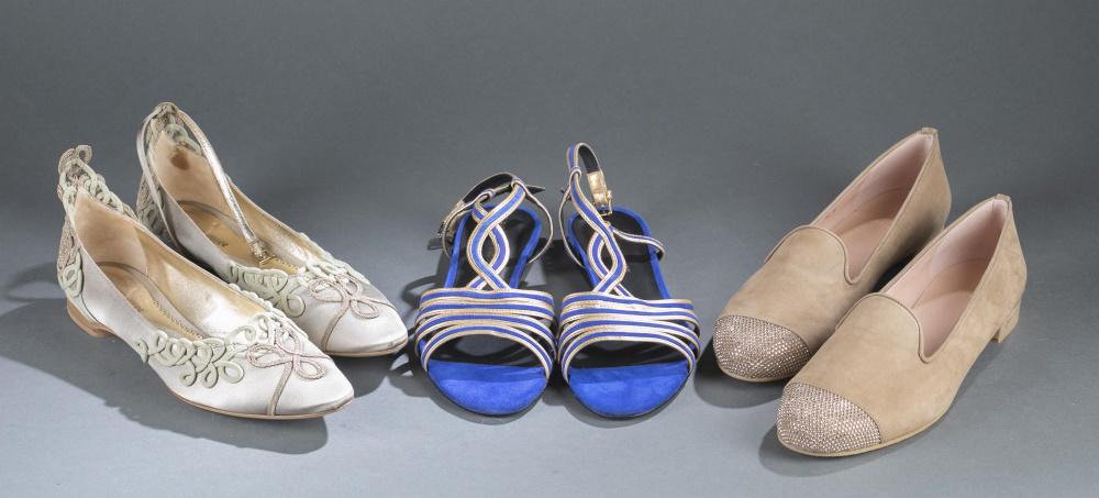 3 Pairs of Designer flats.: Three pairs of designer flats and loafers. Size 9 1/2. ++ Stuart Weitzman round toe nude suede loafers with rhinestone studded toe. Comes with box. ++ Pour Le Victoire blue suede sandals with connecte