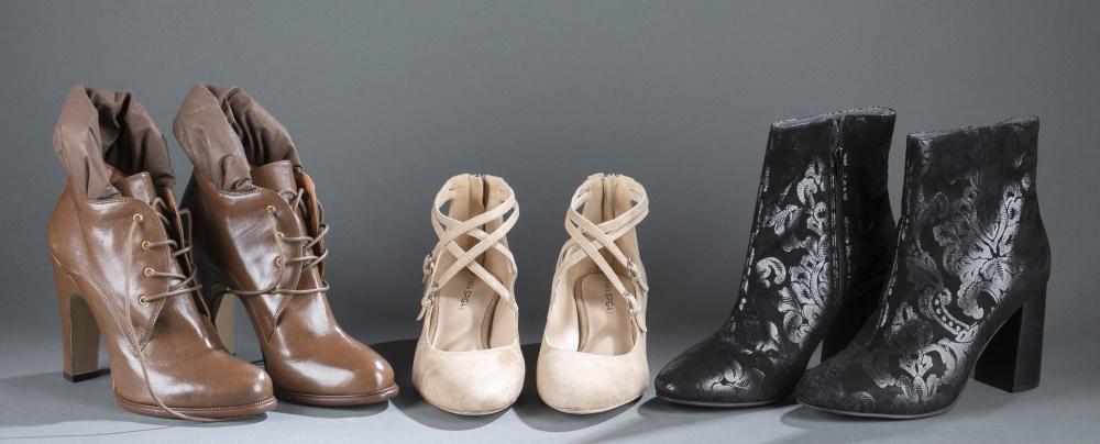 3 Pairs of Designer shoes.: Three pairs of designer shoes with almond toes. Size 10. Comes with box. ++ Seychelles black suede ankle boots with damask pattern and block heel. ++ Via Spiga nude suede heels with double crossing st
