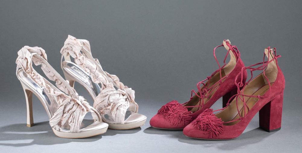 2 Pairs of Badgley Mischka & Aquazzurra heels.: Two pairs of designer heels. Size 10. Comes with box. ++ Badgley Mischka pale pink strappy platform sandal stilettos with ruching on straps. Leather sole. ++ Aquazzurra almond toe red suede block heel
