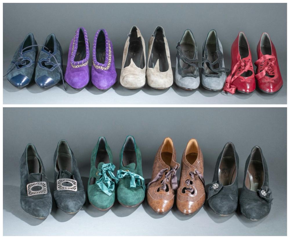 9 Pairs of Peter Fox heels.: Nine pairs of Peter Fox heels. Sizes 9 and 9 1/2. ++ Almond toe red heels with ribbon laces across the arch. ++ Round toe gray suede heels with black suede lining and button cross straps. ++ Round toe