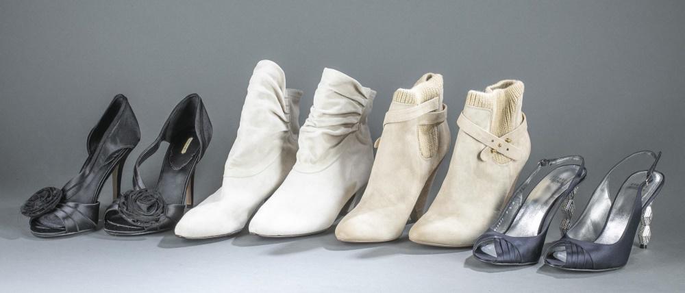 4 Pairs of Designer heels and ankle boots.: Four pairs of designer shoes. Size 9 1/2. ++ Stuart Weitzman peep toe navy blue satin slingbacks with stacked rhinestone heels. Leather sole. Comes with box. ++Matt Bernson almond toe beige suede ankl