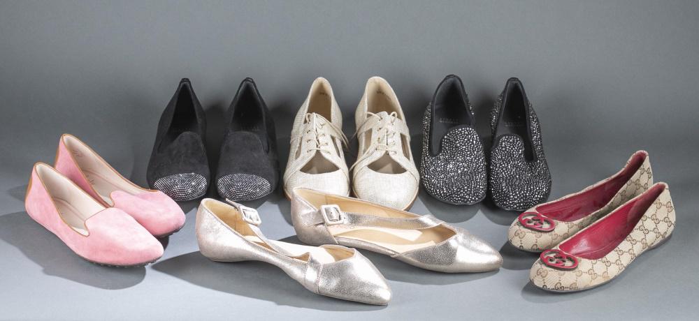 6 Pairs of Designer flats and loafers.: Six pairs of designer flats and loafers. Size 9 1/2. ++ Gucci round toe monogrammed tan ballet flats with red interlocking "G" on toe. ++ Stuart Weitzman round toe rhinestone studded black loafers. ++