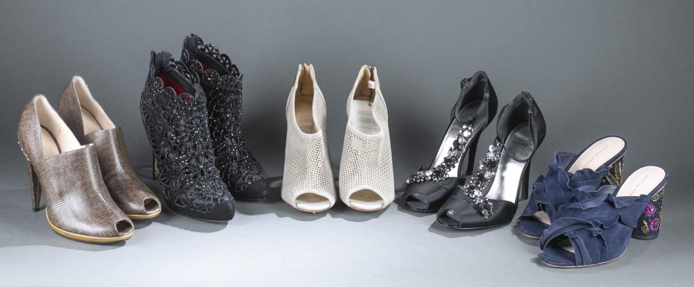 5 Pairs of Designer heels.: Five pairs of designer heels. Size 10. ++ Loeffler Randall peep toe navy blue suede mules with embellished block heels and ruffles on the vamp. ++ Stuart Weitzman peep toe black satin d'Orsay heels wi