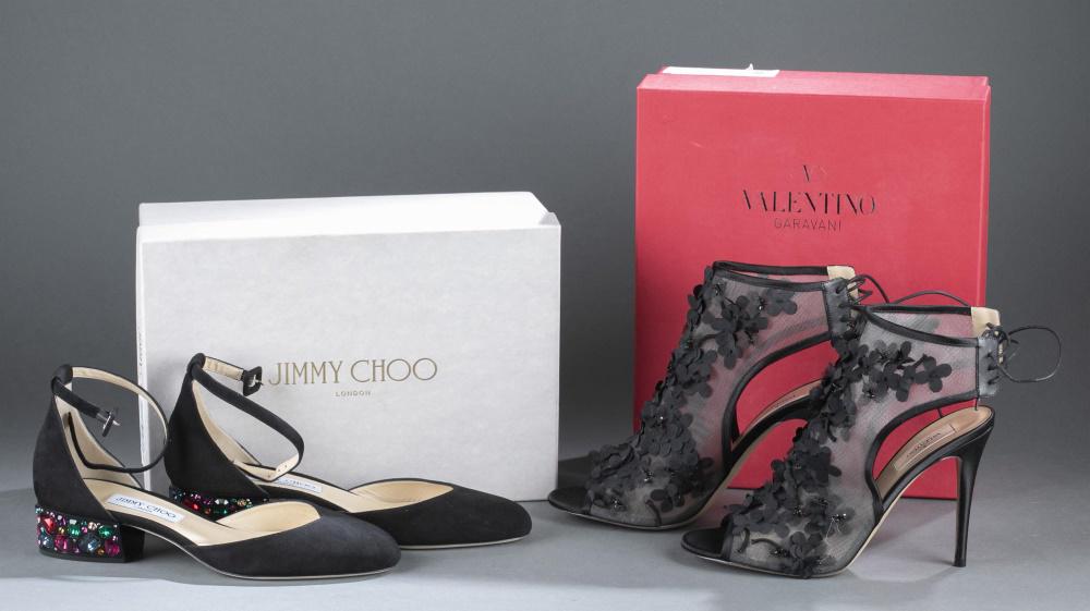 2 Pairs of Valentino & Jimmy Choo heels.: Two pairs of designer heels. Size 10. Comes with box. ++ Valentino peep toe mesh and black leather slingback stiletto boots with flower attachments and ties at the ankle. ++ Jimmy Choo almond toe blac