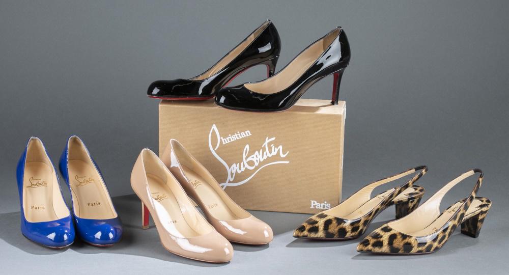 4 Pairs of Christian Louboutin heels.: Four pairs of Christian Louboutin heels. Patent leather. Size 35 1/2. Wear to bottom of shoes consistent with use. ++ Slingback pointed toe leopard print heels. Includes box and bag. Wear to box. ++ R