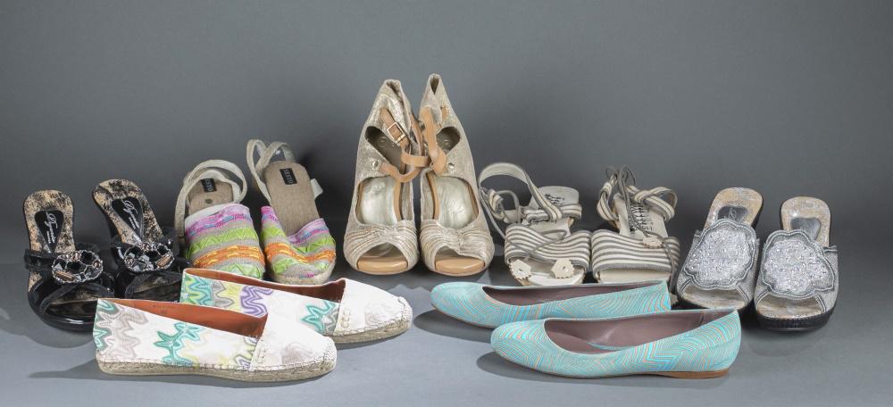 7 Pairs of Designer shoes.: Seven pairs of designer shoes. Size 10. ++ Missoni round toe espadrille flats. Comes with box. ++ Missoni round toe aqua and cream twisted stripe ballet flats. Leather sole. ++Degaria silver backless