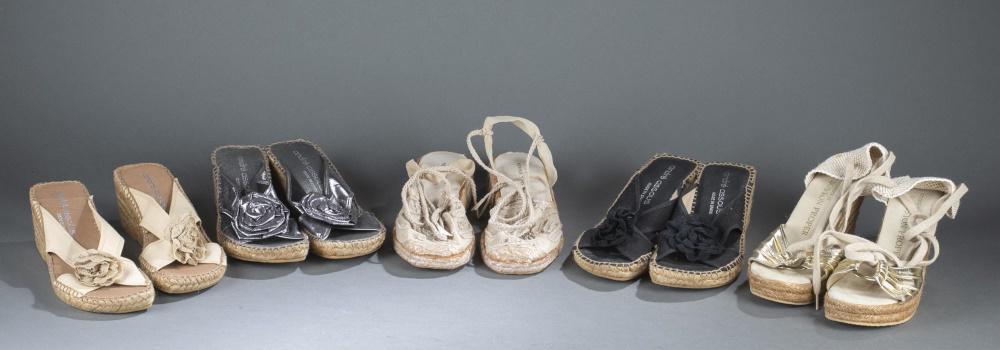 5 Pairs of Designer espadrilles.: Five pairs of designer espadrilles. Size 9. ++ Andre Assous Boston Proper cream and gold platform wedge sandals with ankle ties. ++ Three pairs of Andre Assous peep toe cross strap platform wedge sand