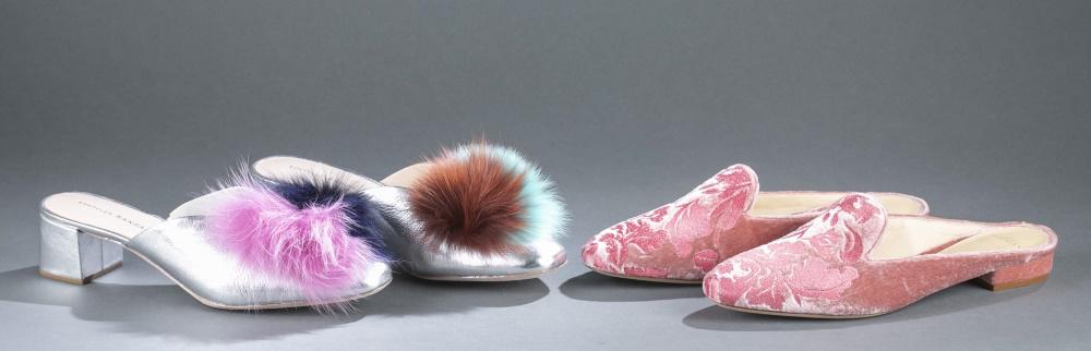 2 Pairs of Designer mules.: Two pairs of designer mules. Size 10. Comes with box. ++ Loeffler Randall square toe silver mules with low block heels and colored pom-pom on vamp. Leather sole. ++ Alexandre Birman almond toe pink ve