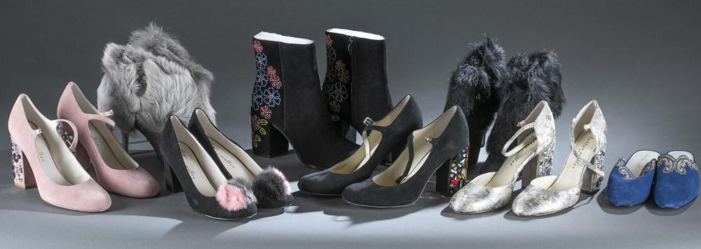 8 Pairs of Bettye Muller shoes.: Eight pairs of Bettye Muller shoes. Size 10. Comes with box. ++ Round toe blue suede mules with embroidery on vamp. ++ Round toe silver d'Orsay heels with ankle strap and jewel embellishment on block 