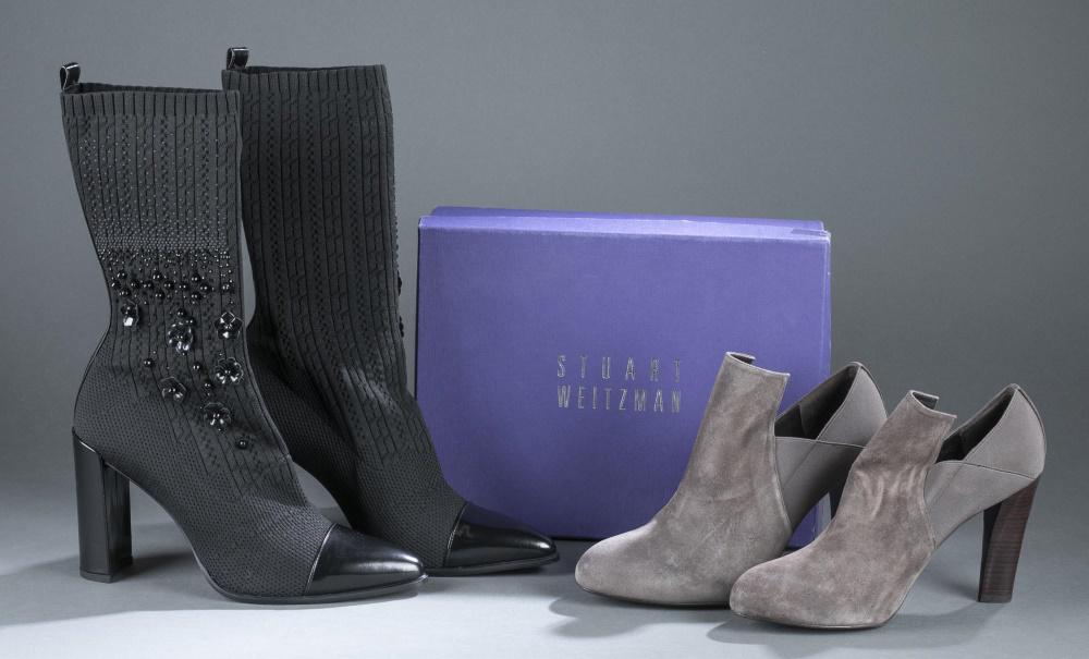 2 Pairs of Stuart Weitzman shoes.: Two pairs of Stuart Weitzman shoes. Comes with box. ++ Round toe gray suede heeled boots with stacked heel. ++ Almond toe black stretch mid-calf boots with block heel and patent leather toe. Beaded em