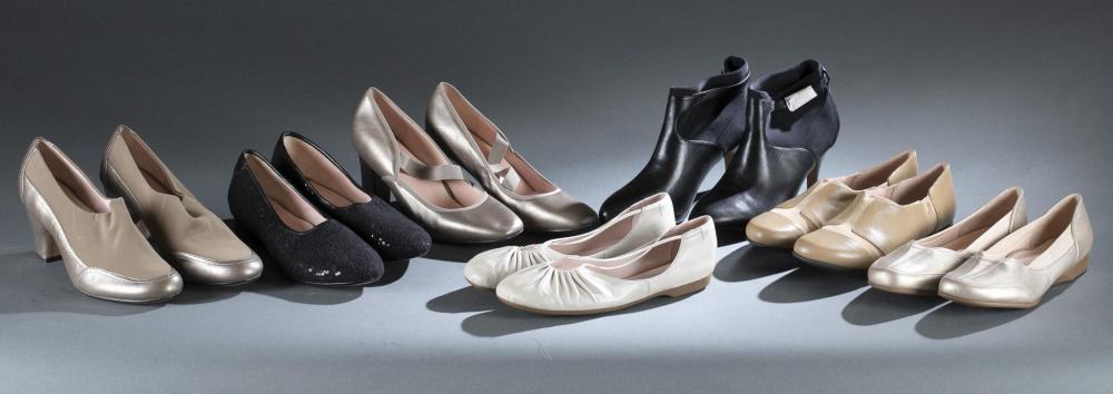 7 Pairs of Taryn Rose shoes.: Seven pairs of Taryn Rose shoes. ++ Round toe beige slip on heels with metallic leather bottom edges. Size 9 1/2. ++ Round toe black sequined loafers. Size 9 1/2. ++ Square toe metallic leather pumps