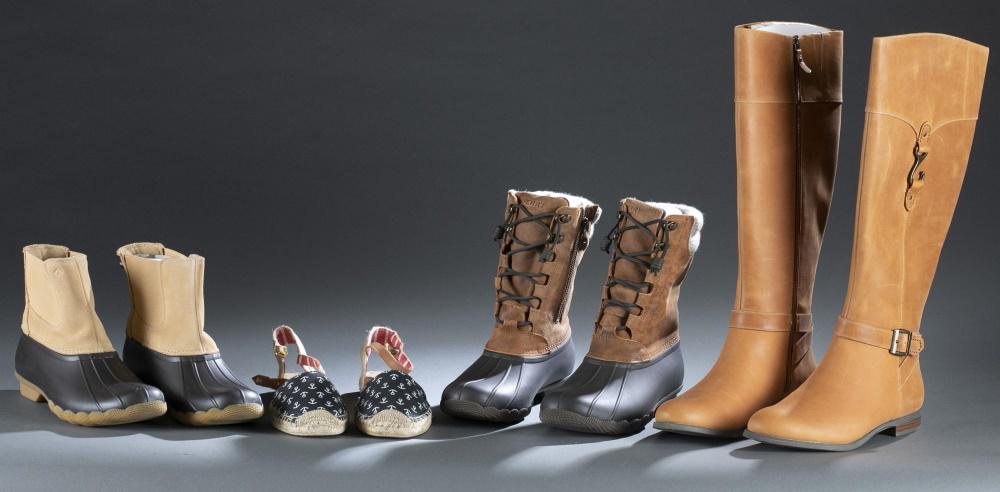 4 Pairs of Sperry shoes.: Four pairs of Sperry shoes. Comes with box. ++ Round toe light brown suede slip-on duck boots. Stretch panel on suede ankle. Size 10. ++ Closed toe espadrilles sandals with ankle strap and navy blue a