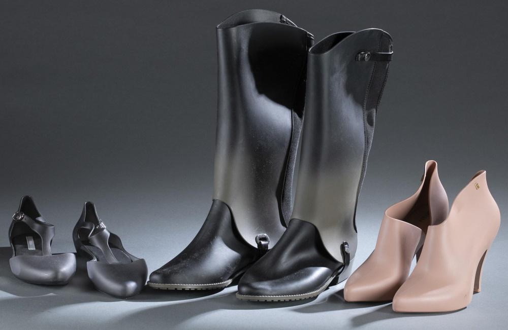 3 Pairs of Melissa rubber shoes.: Three pairs of Melissa rubber shoes. Size 9. ++ Pointed toe nude slip-on heeled boots with side cutout. ++ Almond toe black and gray ombre knee high boots. ++ Pointed toe black t-strap mary janes with