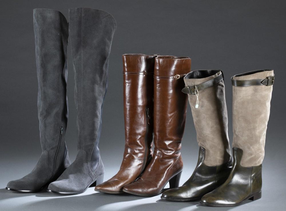 3 Pairs of Designer boots.: Three pairs of designer boots. ++ ETRO almond toe green leather knee high boots with light brown suede shaft. Size 10. ++ Salvatore Ferragamo pointed toe brown leather knee high heeled boots with side